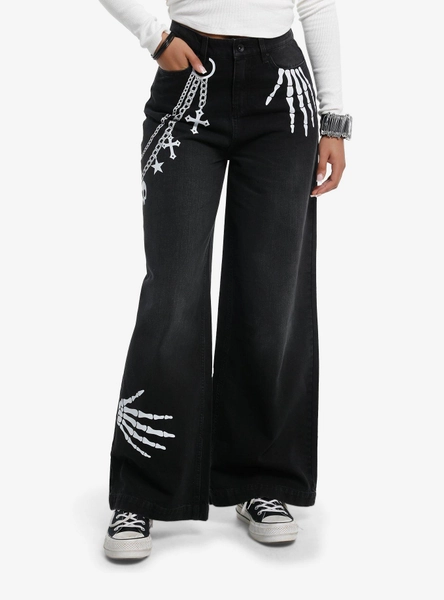 Skeleton Hands Black Wide Leg Jeans