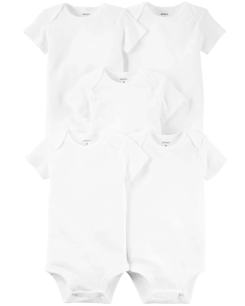 Pack cinco bodies de algodón, manga corta, blancos — Carters PY