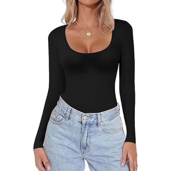 Ekouaer Women Long Sleeve Shirt Scoop Neck Tops Slim Fit Basic Top Thermal Undershirts Base Layer Tee Black M