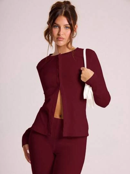 MUSERA Ribbed Button Through Long Sleeve Crew Neck Top Casual Vacation Airport Holiday Fall Winter Christmas Elegant  Holidays, Party