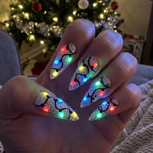 Neon Christmas Lights Press On Nails | Silver Glitter Festive Nail Art