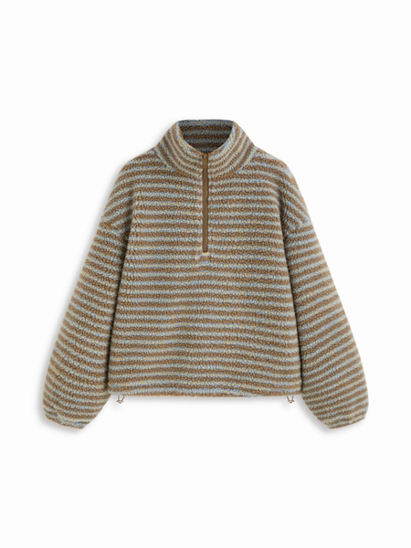 Fleece Stripe Stand Collar Drawstring Half Zip Oversized Sweatshirt