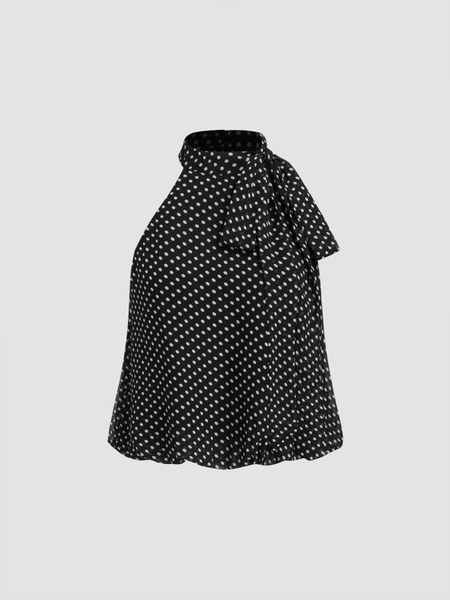 Chiffon Chiffon Halter Neckline Polka Dot Knotted Oversized  Blouse For Daily Casual