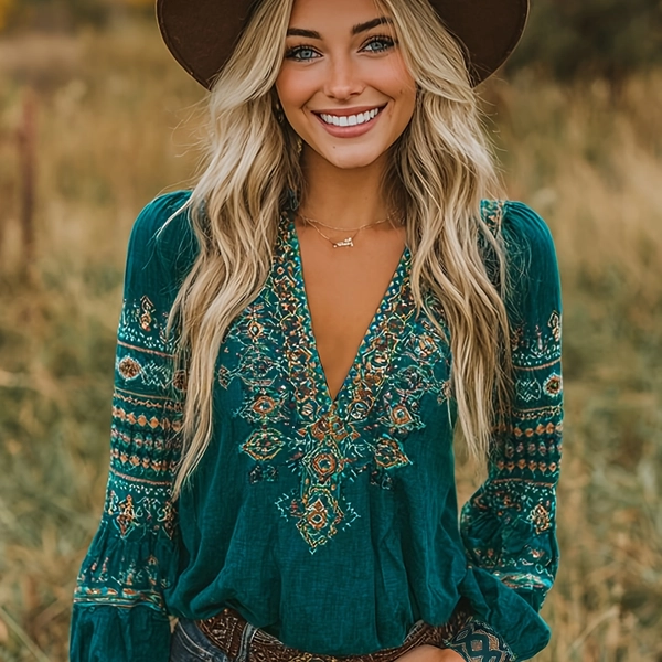 Women'S Vintage Western Geometric V-neck T-shirt | Tribal Print, Pleated Details, All-season Top