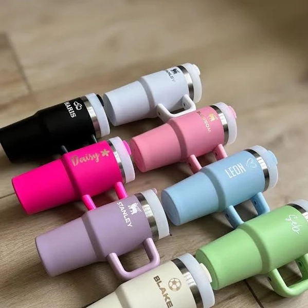 Stanley style kids tumbler children's small size travel tumbler flask with handle and straw - personalised name mini me cup - quencher cup