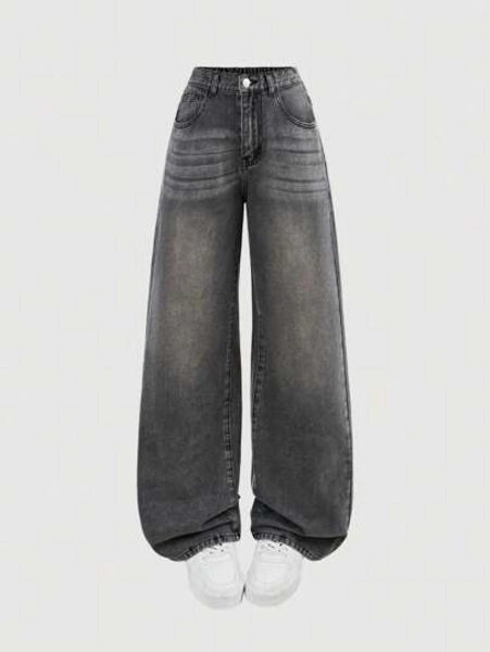SHEIN Girlism Teens Girls' Loose Fit Wide Leg Fashionable Gray Denim Jeans, Summer