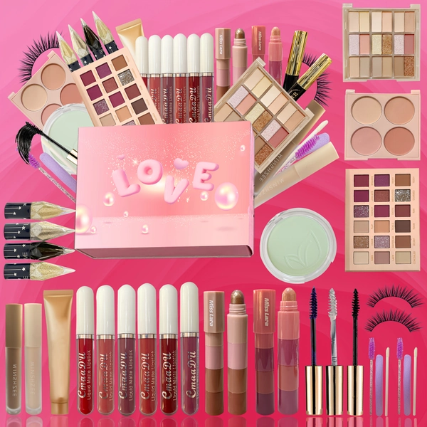 Mother/Birthday Gift/Wedding Season Makeup Kit, Cosplay 30pcs Makeup Gift Box, 18-Color Pink Eyeshadow Palette, Highlighter, Shadow Pen, Eyeliner, Mascara, Blush, Contour Lip Glaze, Powder Makeup Kit, Large-Capacity Makeup Gift For Loved One