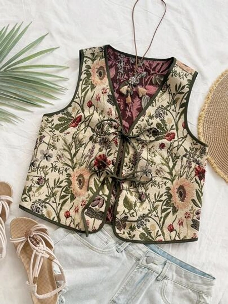 Soleia Women's Vacation Casual Vintage Tropical Plant Jacquard Tie-Up Texture Fabric Women Camisole
