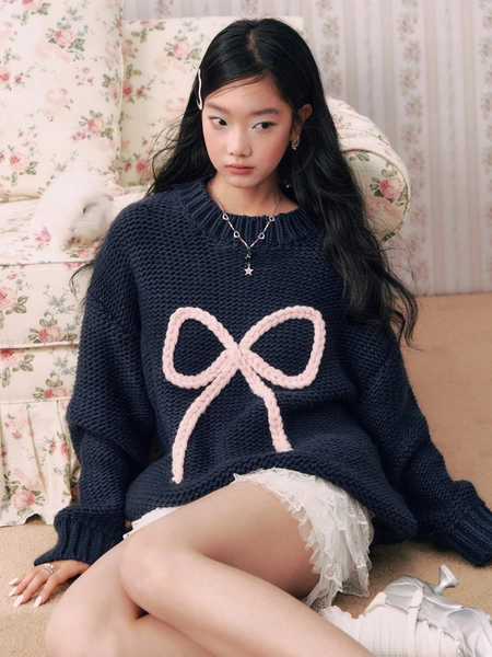 Knit Crochet Round Neckline Bowknot Oversized Chunky Sweater