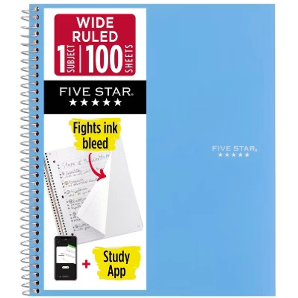 Five Star 8"x10.5" 1 Subject Wide Ruled Notebook Sky Blue 100 Pages