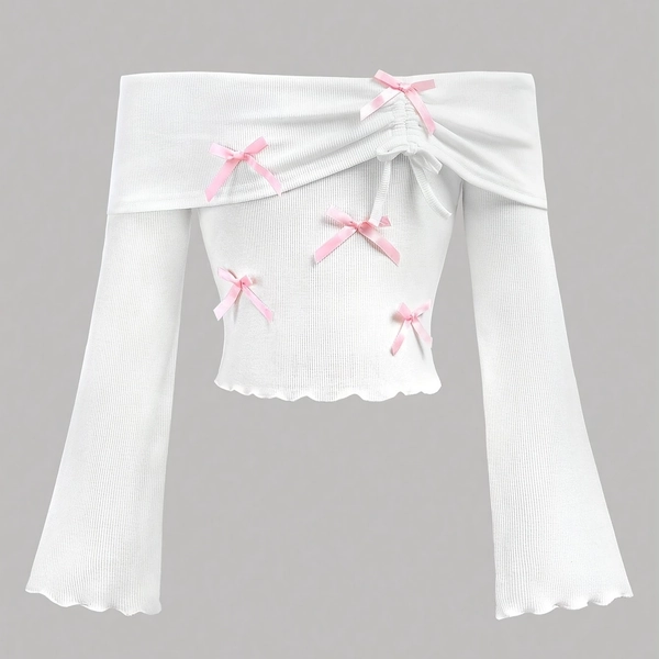 Girls' Autumn and Winter Casual Fashion Solid Color Cute Bow Off-shoulder Fitted Top, Suitable for Parties, Outings, Camping, Daily Wear, the Perfect Gift