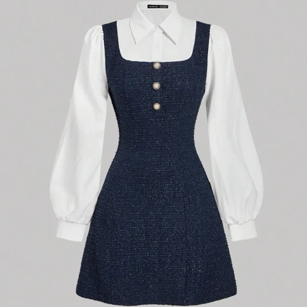 SHEIN Collared Color-Block Button Long Sleeve Patchwork Dress