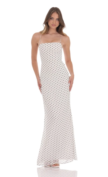 Polka Dot Open Back Maxi Dress in White | LUCY IN THE SKY