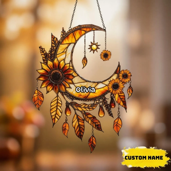 Sunflower Crescent Moon Acrylic Suncatcher Faux Stained Glass Window Hanging Autumn Fall Decor Celestial Gift For Nature Lovers