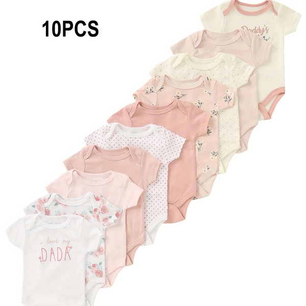 Juego de 10 piezas de mamelucos triangulares para recién nacidos y bebés con bordado de letras "Daddy's Girl" y estampado "I Love My Dada", adecuado para conjunto de ropa de actividades al aire libre para niñas, perfecto para exteriores