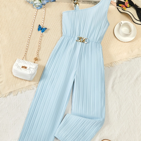 Girls' Spring/Summer Vacation Style Slimming 3D Faux Metal Chain Elegant Solid Color Jumpsuit, Perfect for Outdoor