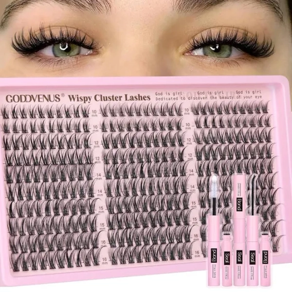 GODVENUS Wispy Cluster Lashes Kit 10-16mm C Curl Individual Eyelash Extensions 300pcs Natural DIY Lash Extension Kit No Tweezers