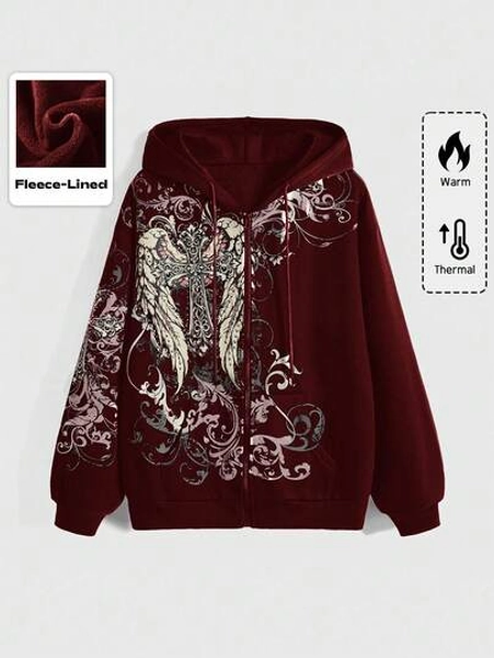 ROMWE Grunge Punk Women's Cross & Wing Print Hoodie Sweatshirt