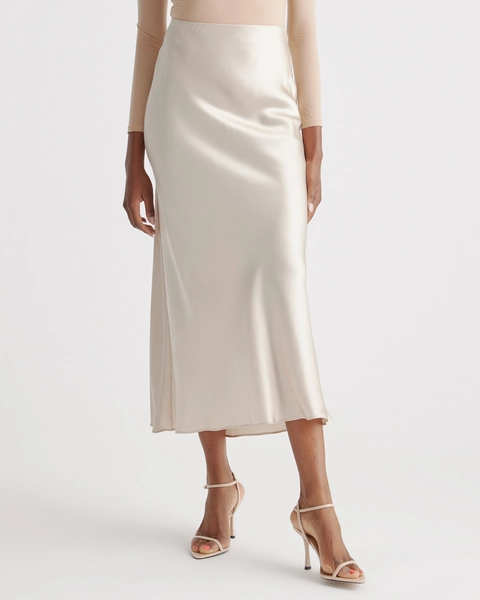 100% Washable Silk Maxi Skirt in Champagne