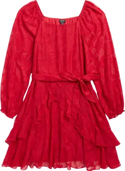 Kids' Burnout Long Sleeve Tie Belt Chiffon Party Dress