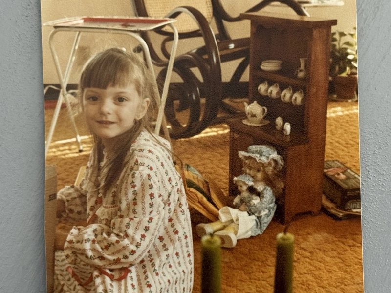Vintage Color Photo Christmas Morning Pretty Girl In Nightgown Doll Tea Set 1981