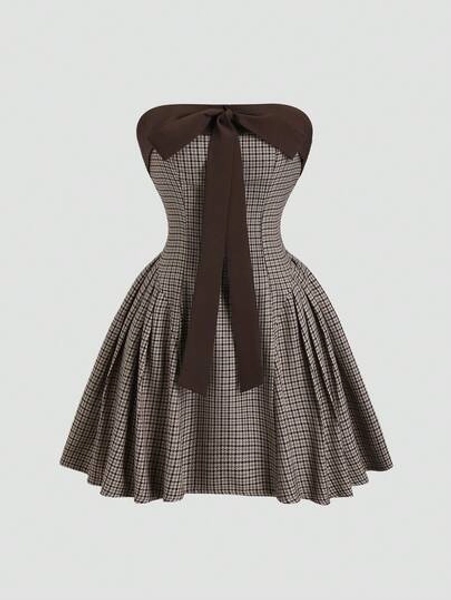 Sweetra Autumn/Winter New Vintage Sexy Slim Fit Bowknot Color Block Houndstooth Casual Comfortable Swing Dress, Brown