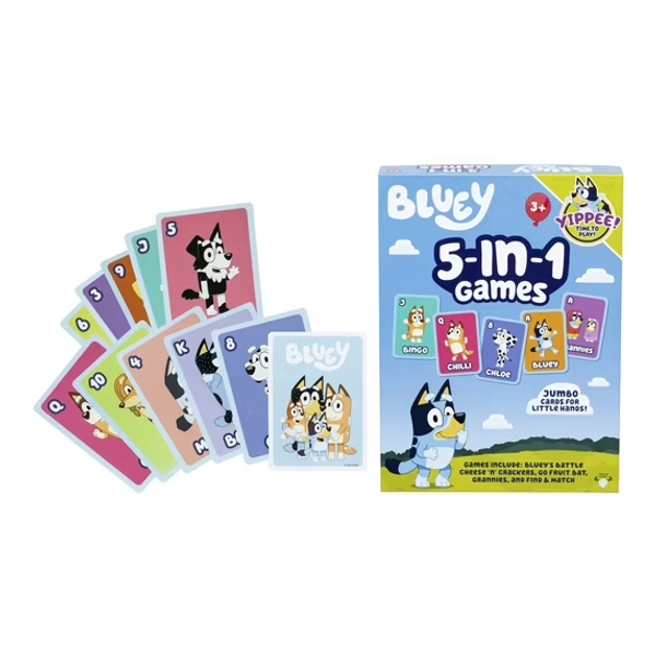 Bluey 5 Family Favorites Card Game Set, Includes Fun Bluey Versions of Snap, War, Go Fish, Old Maid And Memory, With 53 Jumbo Sized Cards, 2 - 4 Players, Ages 3