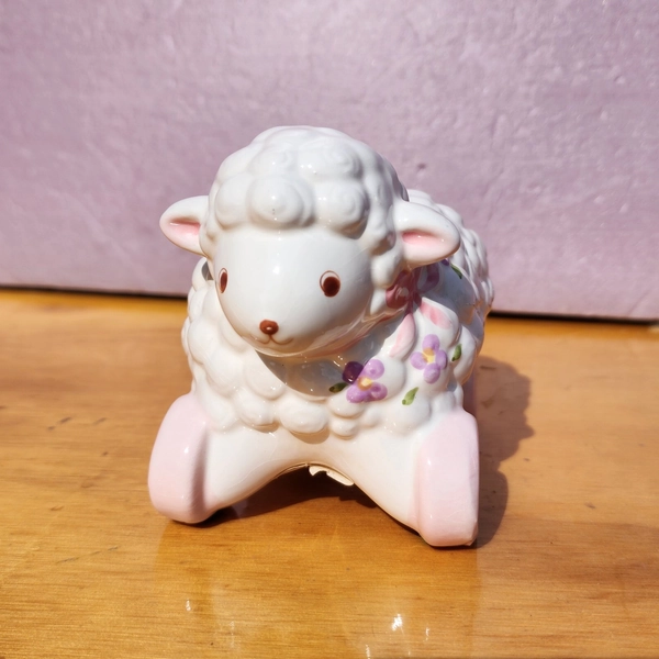 Vintage Silvestri Ceramic Lamb on Wheels Figurine Nursery Decor White Pink 80s