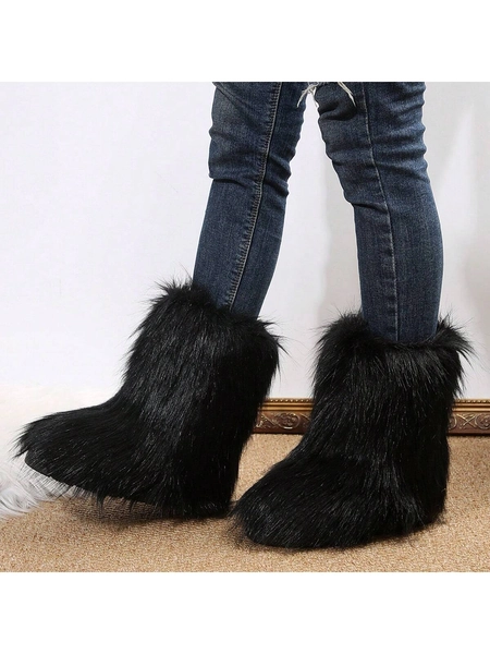 Women's Autumn/Winter New Modern Faux Fur Boots, Thick Sole Warm Fluffy Furry Black Snow Boots, Thermal Lining Warm Non-Slip One-Push Rubber Flat Outdoor Mid-Calf Boots