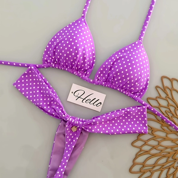 Women'S Fashion Bikini Swimwear, Spring Summer New Purple Polka Dot Two-Piece Set, Summer Vacation Sexy Bikini, Tie-String Triangle Top And Bottom, Suitable for Summer Beach Vacation, Beach And Pool Parties