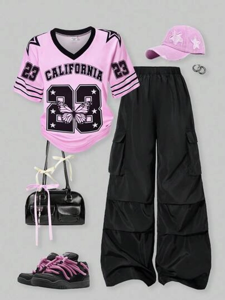 SHEIN HYPEME Kids Tween Girls 2pcs Set: American-Style Raglan Sleeve Graphic T-Shirt And Cargo Pants Y2k Tween Outfit Summer Holiday