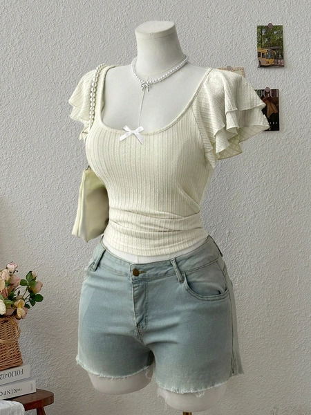Lalippa Textured Knitted Elastic Ruffle Sleeve Women T-Shirt