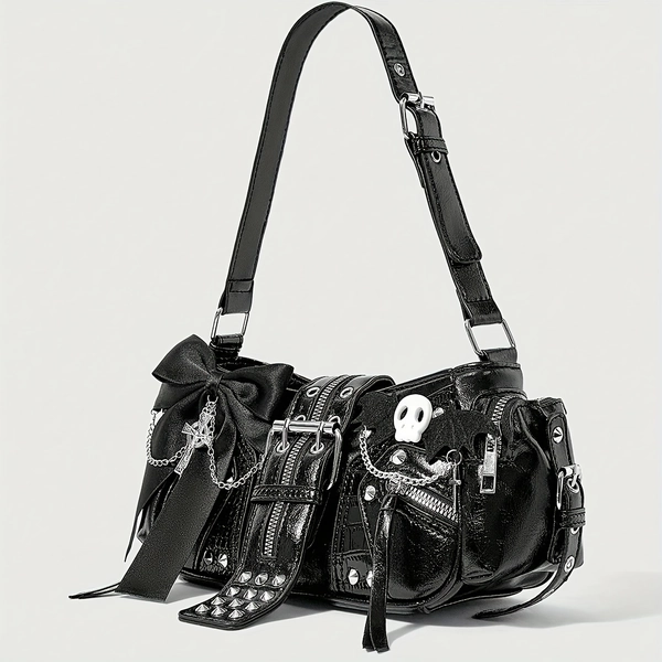 Women'S Gothic Tote Bag with Rivets - Heavy-Duty Synthetic Faux Leather Shoulder Bag, Adjustable Strap & Zipper Closure, Edgy Y2K Dark Aesthetic Purse for Everyday Formal Events - Gothic Handbag for Women, Gothic Purse, Evening Accessory, Crocodile Texture, Metallic Rivets, Metallic Accents, Party Accessory, Sturdy Construction, Alternative Fashion, Statement Handbag, Fashion Enthusiasts
