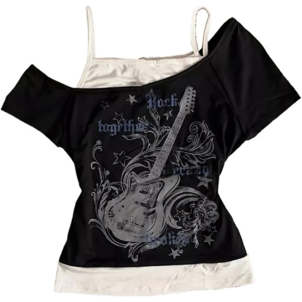 Women's Emo Grunge Vintage Y2K Fake 2 Piece Guitar Graphic Baby Tee