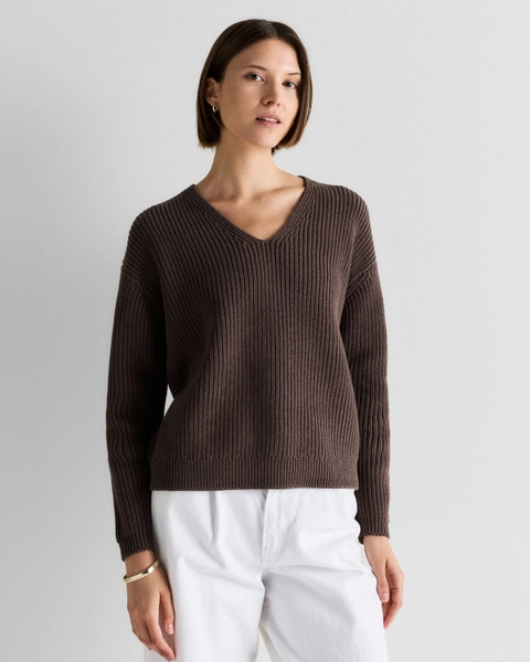100% Organic Cotton Fisherman V-Neck Sweater in Ivory