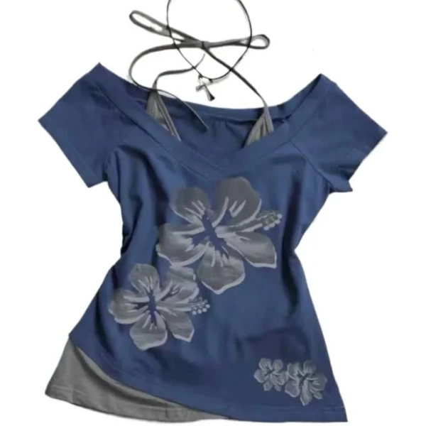 Y2K Retro Halter Neck Street Print T-shirt