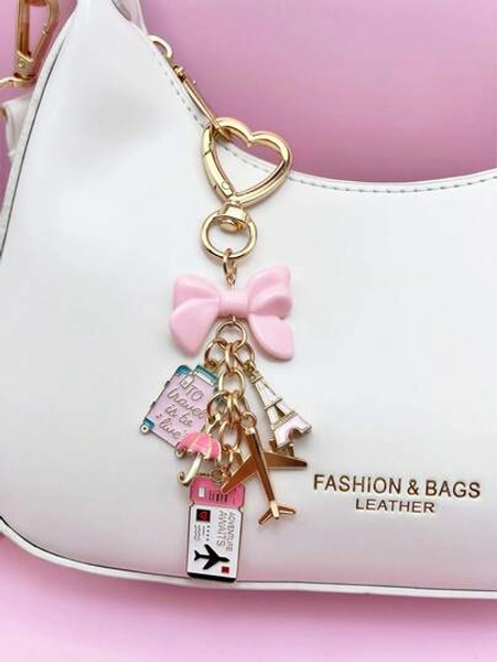 1pc Elegant Pink Bow Travel Keychain Pendant, Oil Drop Airplane Luggage Tag Passport Eiffel Tower DIY Accessory, Women Handbag Charm, Suitcase Decoration, Shoulder Bag Accessory, Multifunctional Bag Charm, Car Decor, Cute Gothic Y2K Style, Holiday Gift