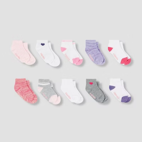 Hanes Baby Girls' 10pk Ankle Socks - Colors May Vary 6-12M: Ankle, Midweight, Breathable, Nonslip Grippers