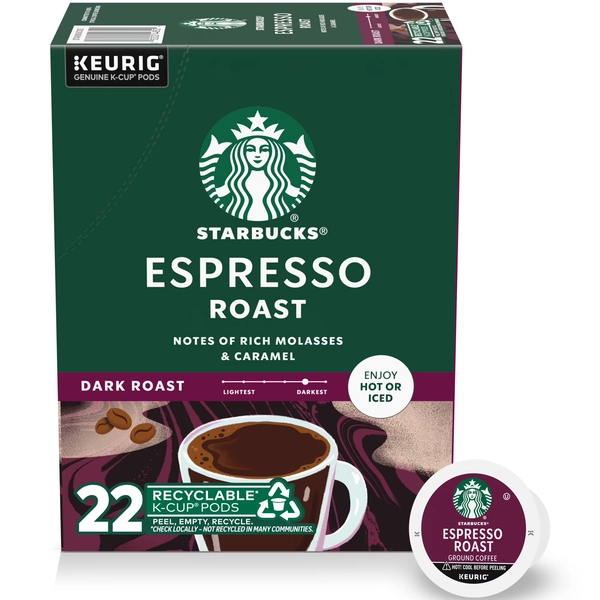 Starbucks Espresso Roast, Dark Roast Keurig K-Cup Coffee Pods, 22 Count K Cups