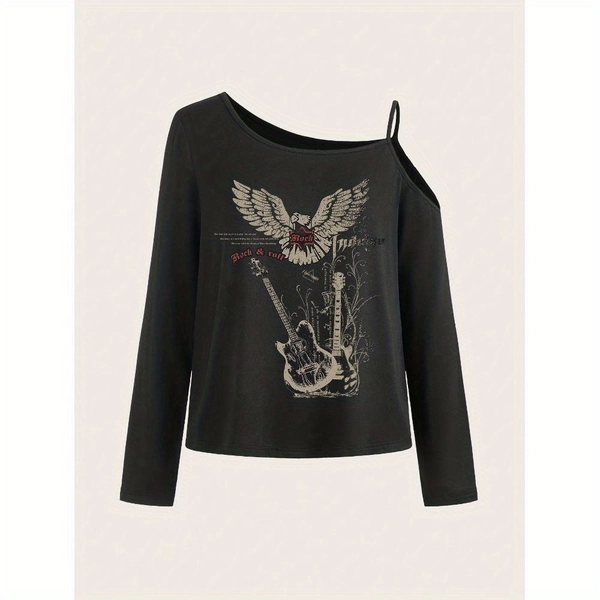Women'S Black Graphic Sweatshirt - Asymmetrical Neck, Long Sleeve Pullover with Eagle & Guitar Print, "Rock & Roll" Design, Perfect for Fall/Winter, Casual Wear|Asymmetrical Neckline|Stretchy Fabric