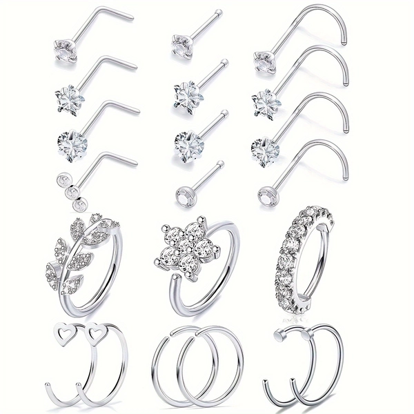 21pcs 20G Nose Rings for Women Surgical Steel heart-shaped Nose Piercing Jewelry Hoop Nose Ring Set star CZ L Shaped Nose Studs Screw for Men