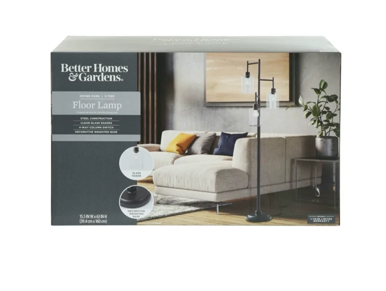 Better Homes & Gardens 63.5 in 3 Light Contemporary Black Floor Lamp Clear Glass