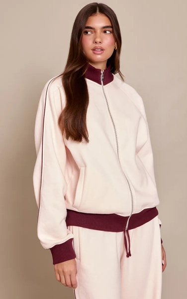 Pink Contrast Zip Up Funnel Neck Sweatshirt