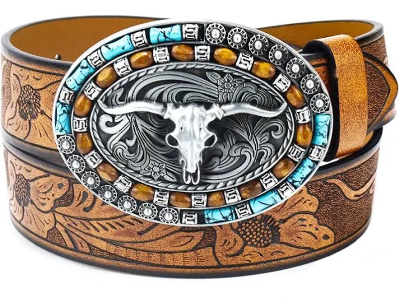 Women Western Cowboy Belt - PU Leather Longhorn Bull Turquoise Embossed Buckle Belt for Jeans Pants Dresses