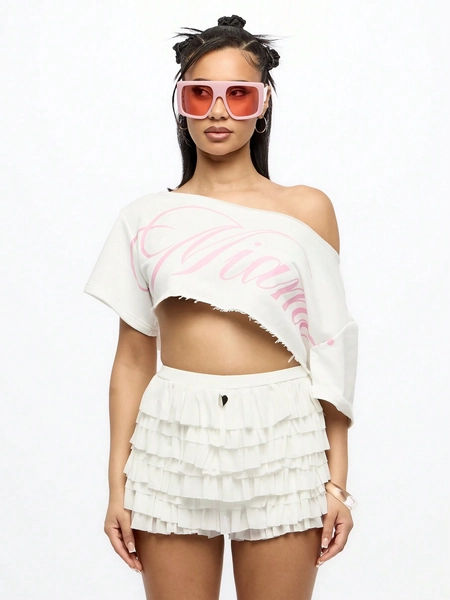 SUMWON WOMEN Off Shoulder Crop T-Shirt Raw Hem Graphic Festival Summer Casual Street Style Fashion Short Sleeve Distressed Ruffle Detail Dance Party Club