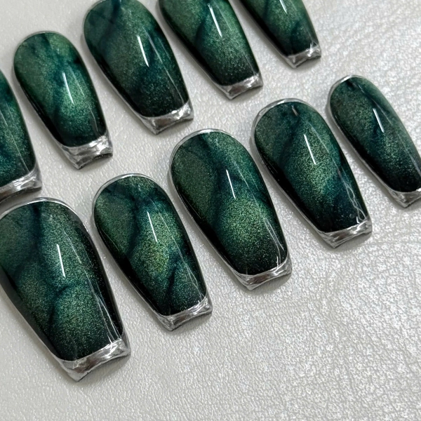 Handmade Emerald Green Cat Eye Press On Nails | Silver Chrome French Tip Fake Nails | Dark Witchy Custom