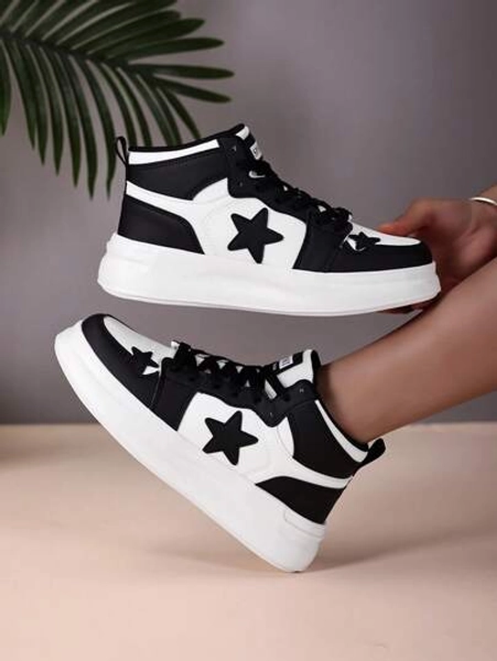 1 Pair Thick Sole Comfortable Casual Sneakers For Teenage Boys, Black & White, Waterproof, Suitable For Street, Daily, School Wear, High-Top