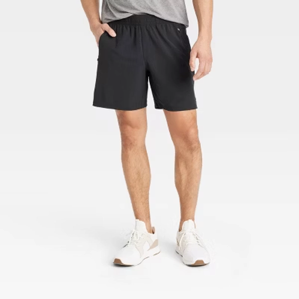 Men's Stretch Woven Shorts 7" - All In Motion™ Black L: Adjustable Waistband, Side Pocket
