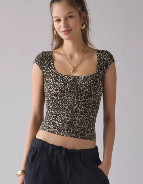 BDG Drew Cap Sleeve Square Neck Cropped Tee