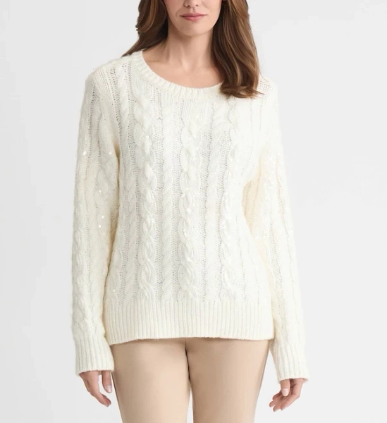 Jones New York Women's Sequin Embellished Cable Crewneck Sweater